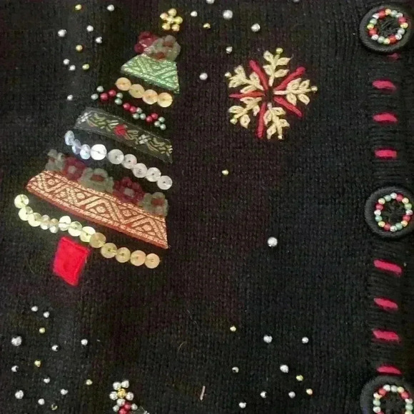 Vintage Christmas Beaded Sequin Sweater Cardigan Size Medium Ugly Christmas - Picture 5 of 15